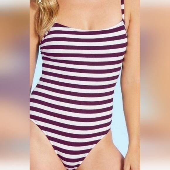 Kona‎ Sol NWT Rio Ribbed One Piece Swimsuit Burgundy & White Stripes Swim XL - Picture 1 of 9
